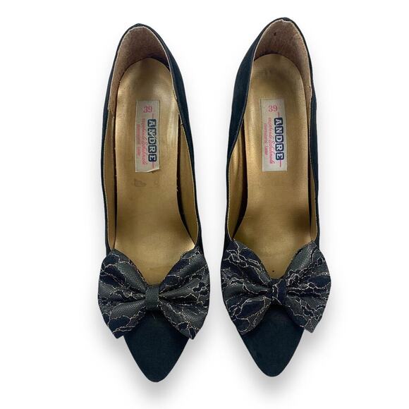 1960's German designer ANDRE black nubuck suede stiletto pumps large lace bow - Picture 5 of 16